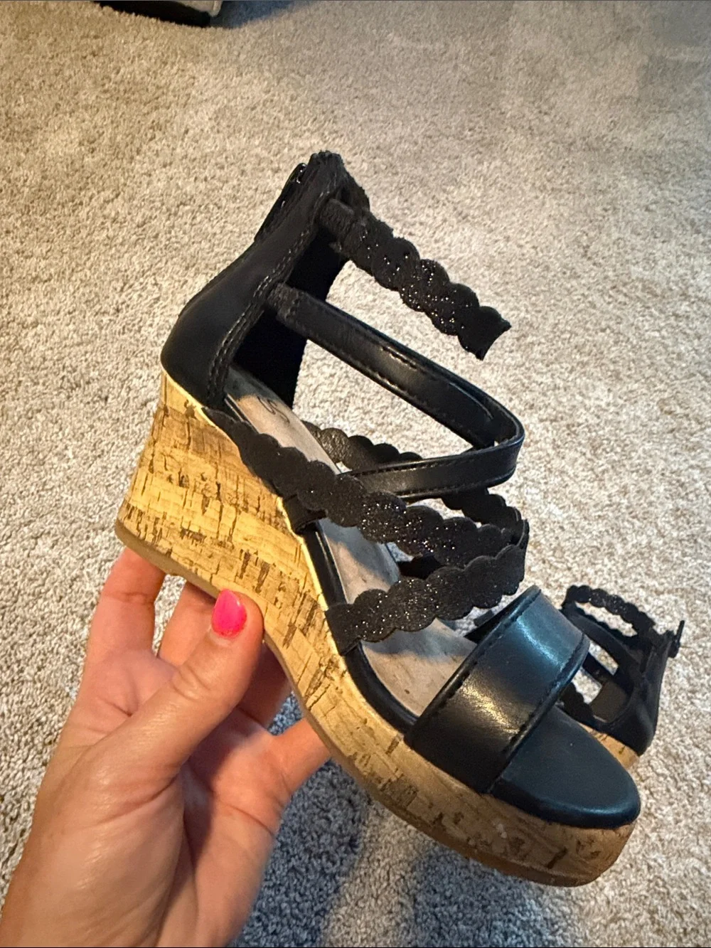 Girls Black Scalloped Strappy Wedge Sandals - Size 12